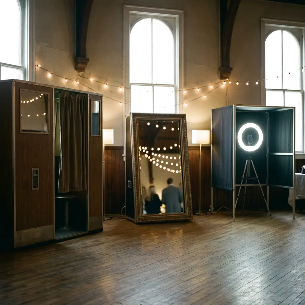 Three different photo booths standing in a row in an empty hall
