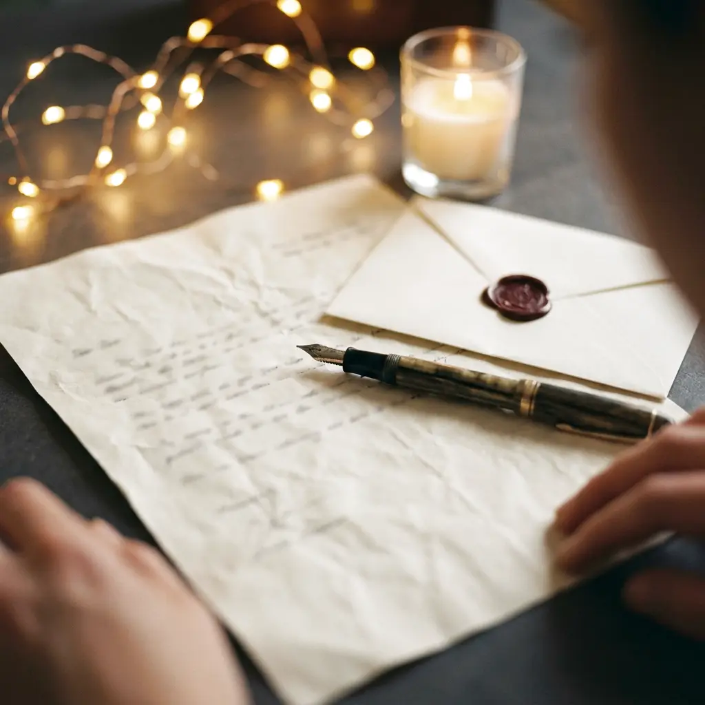 A fountain pen resting on a handwritten page beside a wax-sealed envelope, by candlelight