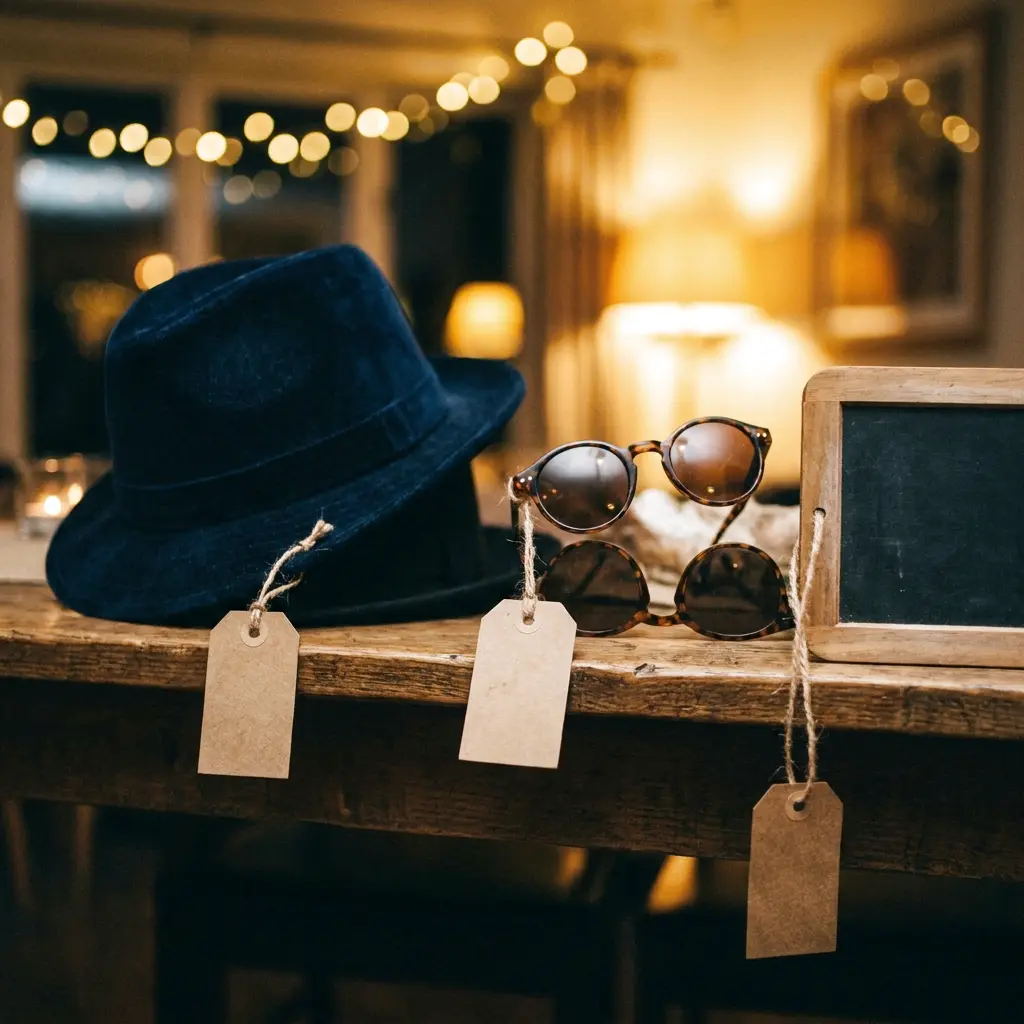 Blank price tags tied to photo booth props: a hat, round sunglasses and a small chalk frame