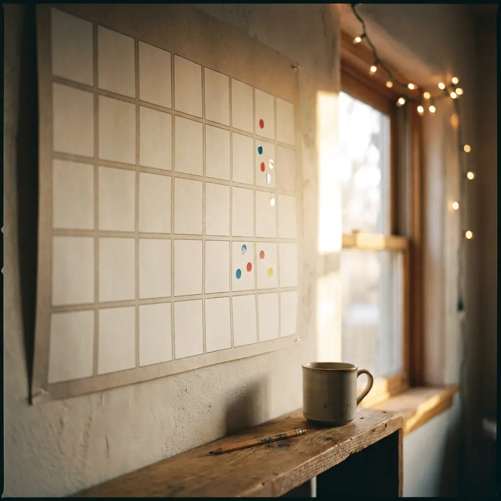 A wall planner with a few weekends marked by coloured stickers, a mug on the shelf below