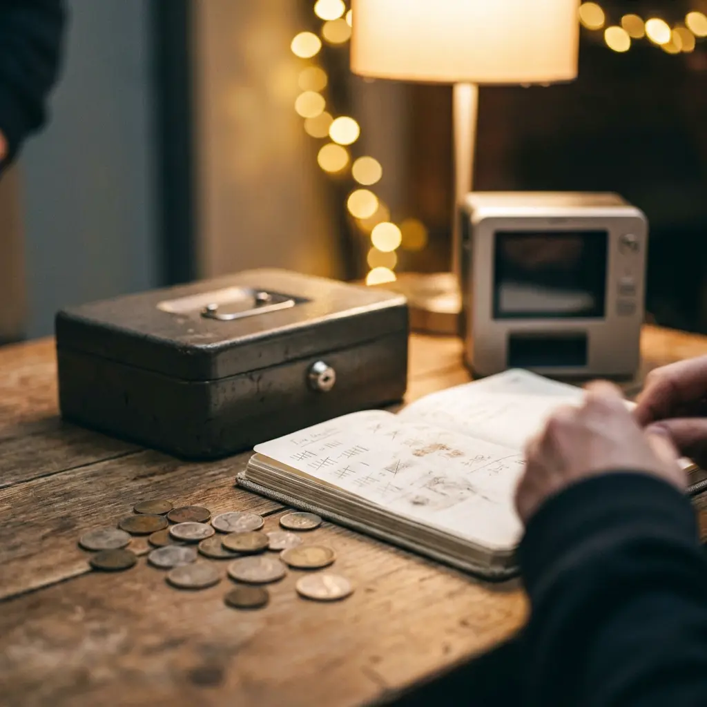 A cash tin, an open notebook and coins beside a photo booth printer under a warm lamp