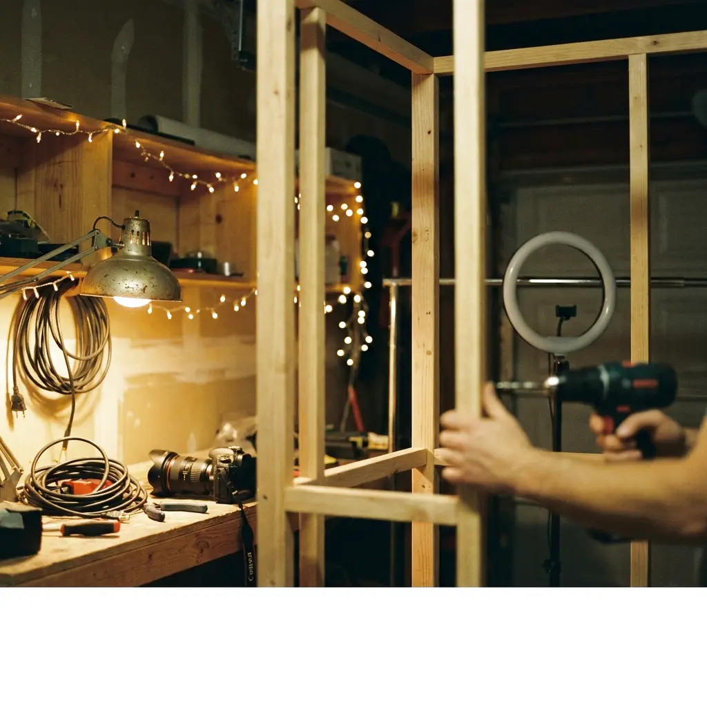 A first photo booth frame being assembled in a home garage, a ring light and camera on the workbench