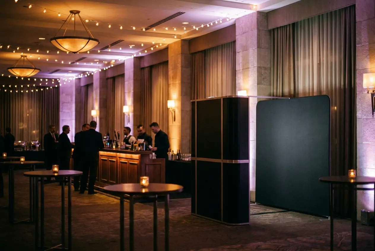 A hotel ballroom set for an evening reception, with a photo booth near the bar under purple and amber uplighting