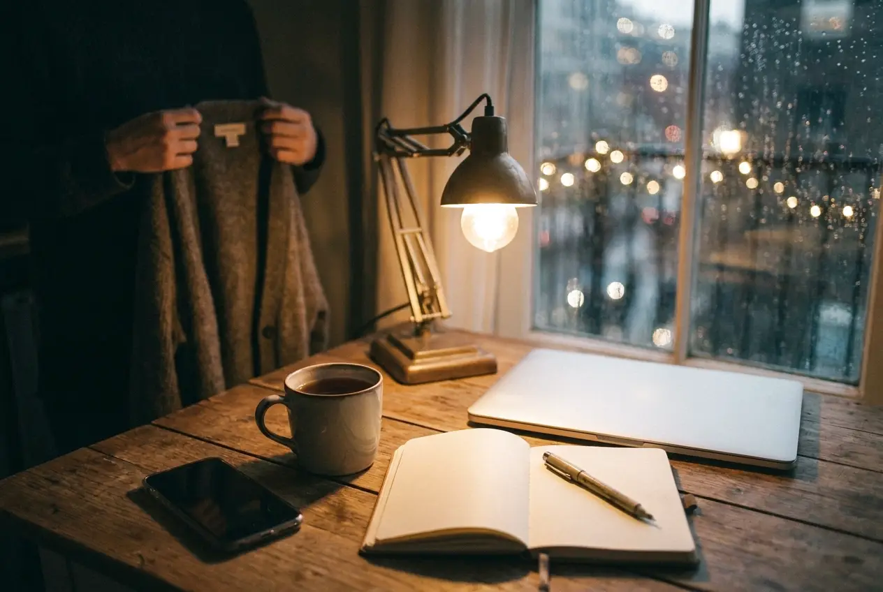 A kitchen table at night with a mug of tea, an open diary, a phone and a lamp, rain on the window