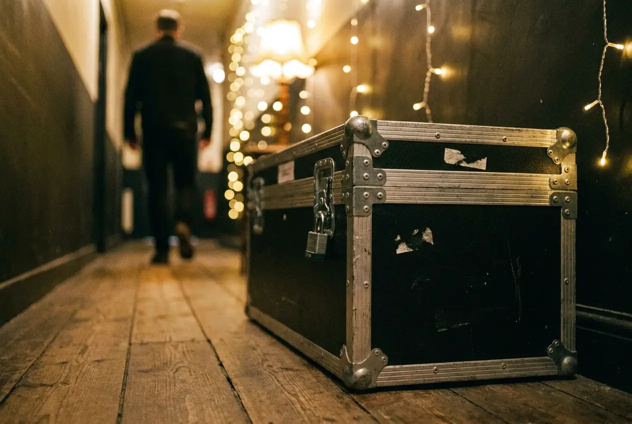 A sturdy black flight case with a padlocked latch in a warmly lit venue corridor