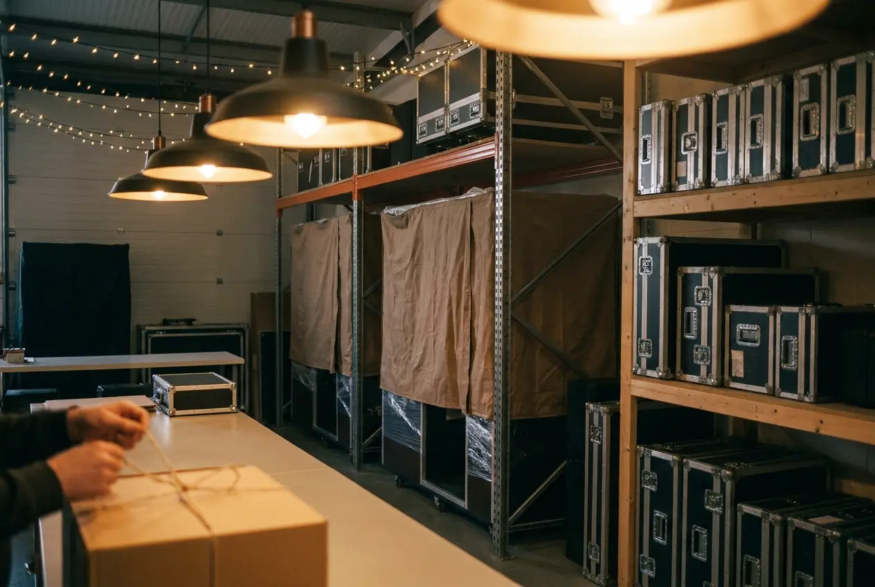 A small kit store with covered photo booths on racking and flight cases on shelves under warm pendant lights