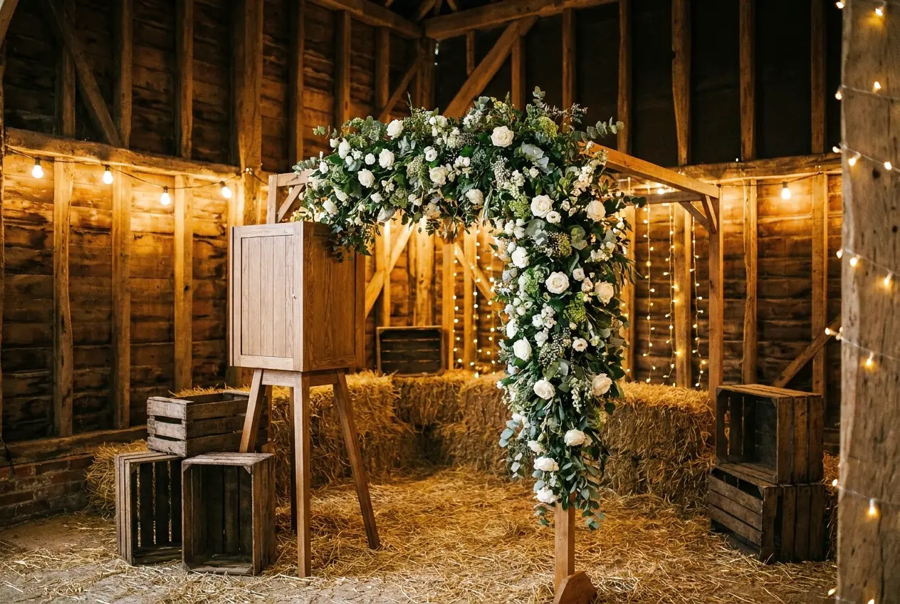 A photo booth with a white rose and greenery arch inside a rustic barn wedding venue, festoon lights overhead