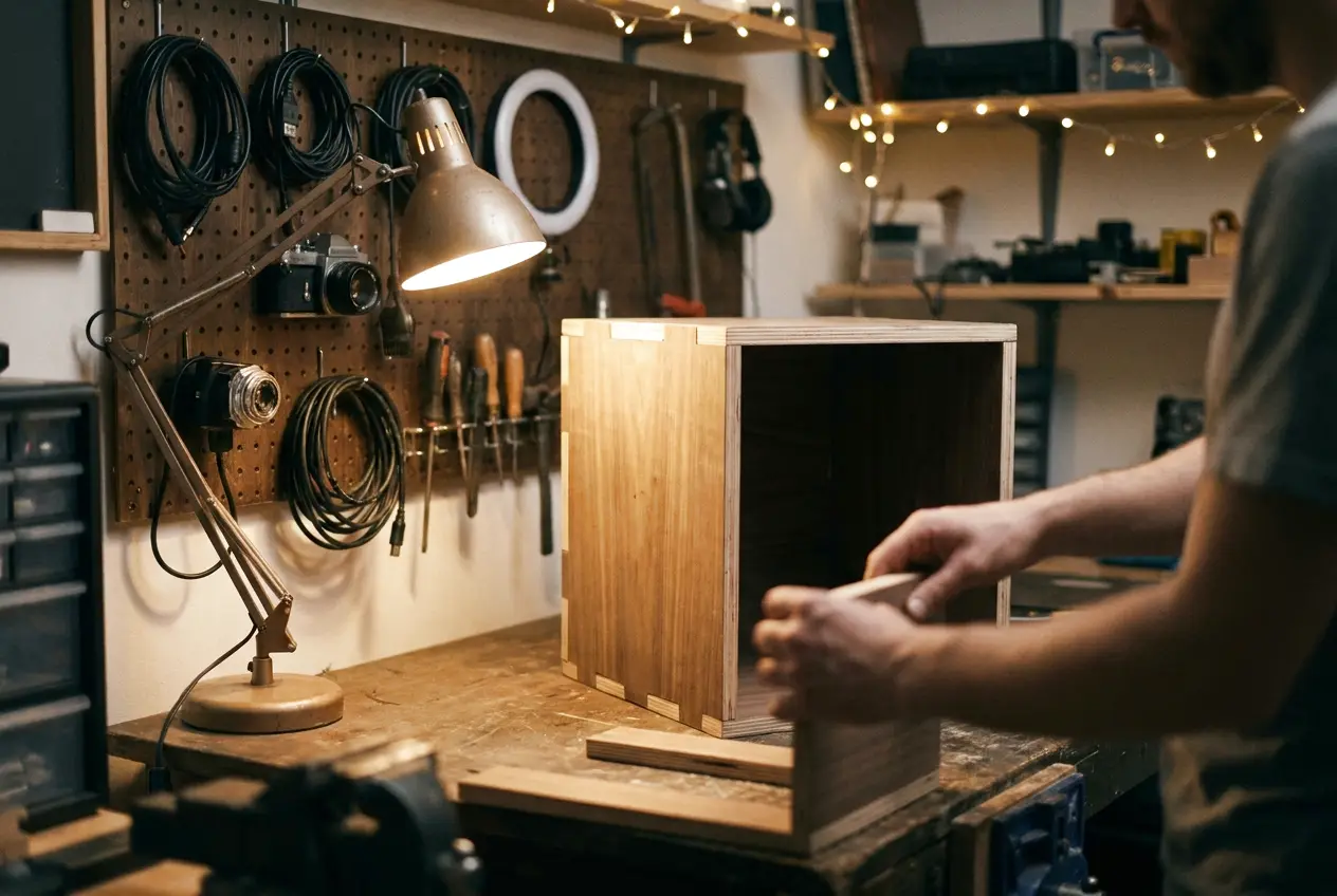 A small workshop in the evening: a photo booth shell on the workbench, cables, a ring light and tools under a desk lamp