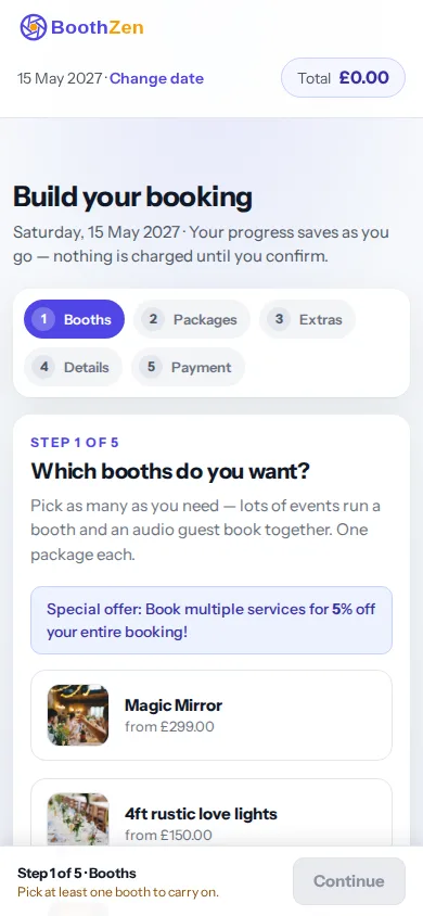 A public booking page on a phone, at step one of five: the event date and the booths a customer can pick.