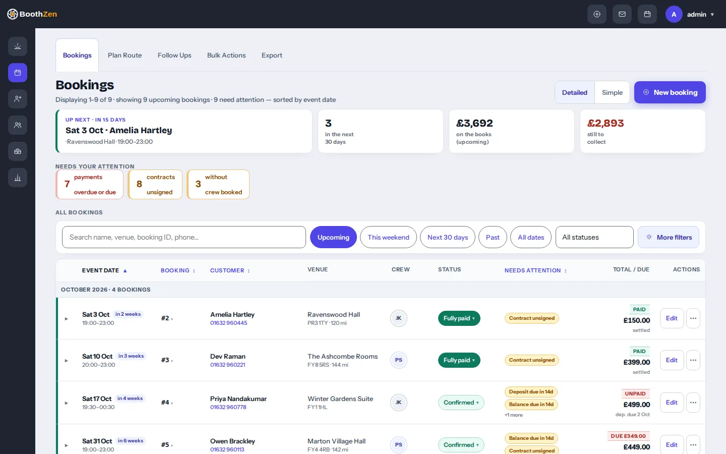 The bookings list, showing upcoming events with crew, status and payment chips