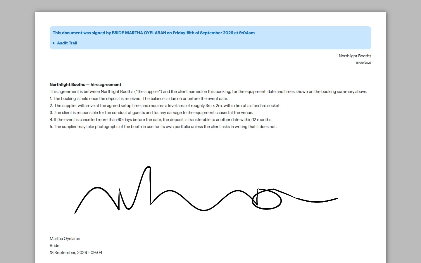 A contract signed on a phone with the signature and timestamp